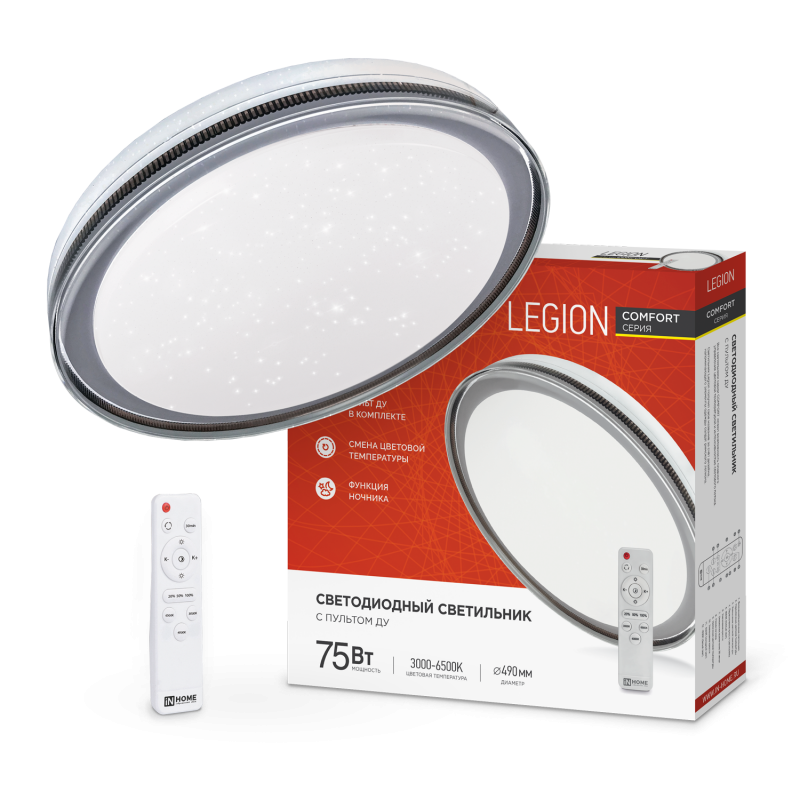 Светильник светодиодный COMFORT LEGION 75Вт 230В 3000-6500K 6000Лм 490x85мм с пультом ДУ IN HOME