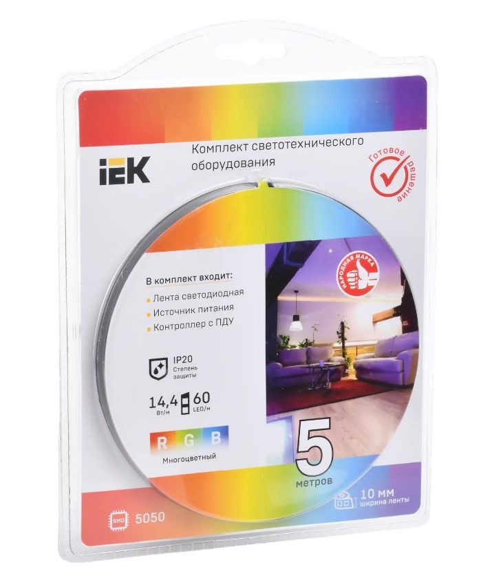 Лента светодиодная 5м LSR-5050RGB60-14,4-IP20-12В + драйвер + контроллер) 14.4Вт Цветной IEK