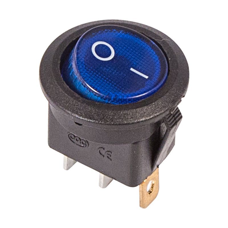 Выключатель клавишный круглый 220В 6А (3с) ON-OFF синий с подсветкой (RWB-214,SC-214,MIRS-101-8)