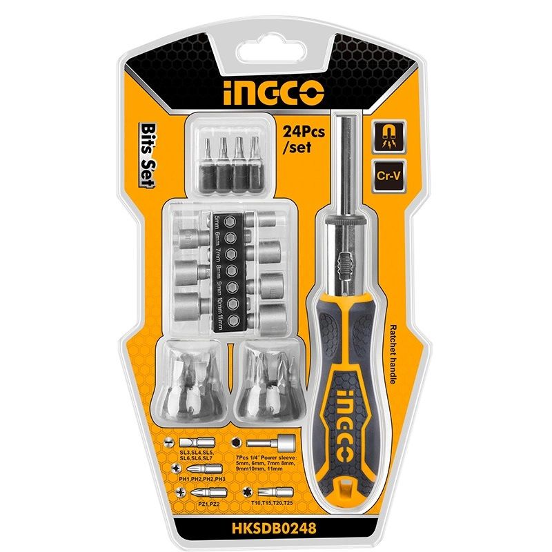 Отвертка-трещотка INGCO HKSDB0248 INDUSTRIAL, 16 бит 6,35*25мм, 7 головок 1/4, Cr-V 