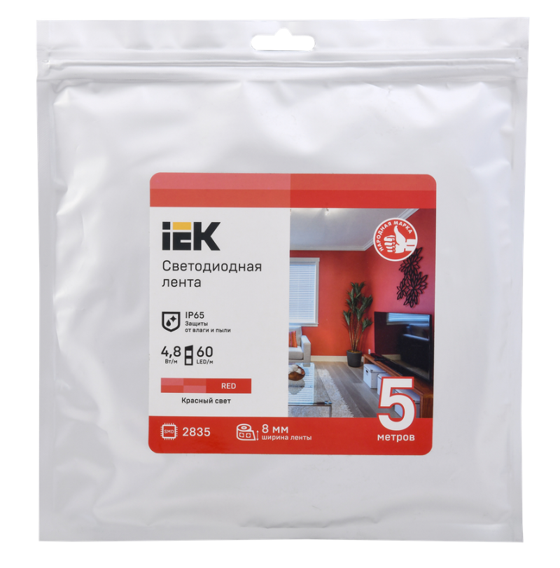 Лента светодиодная 5м LSR-2835R60-4,8-IP65-12В красный IEK