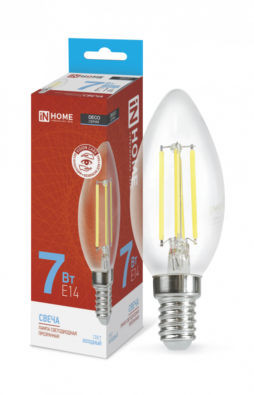 Лампа светодиодная LED-СВЕЧА-deco 7Вт 230В Е14 6500К 810Лм прозрачная IN HOME
