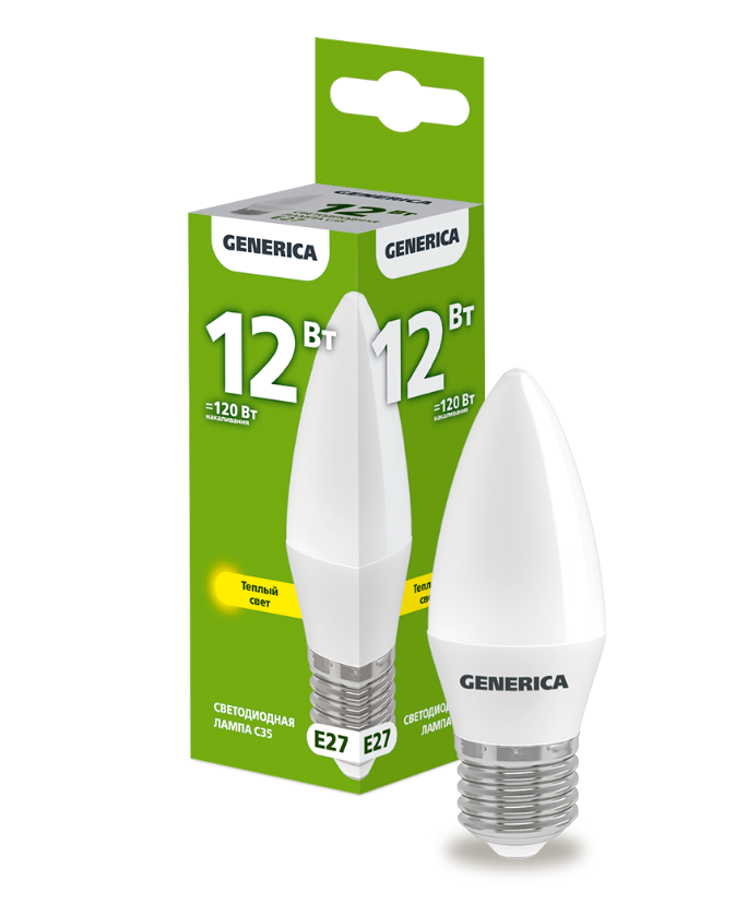 Лампа светодиодная C35 свеча 12Вт 230В 3000К E27 GENERICA