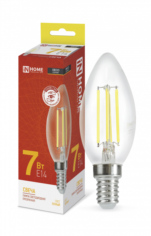 Лампа светодиодная LED-СВЕЧА-deco 7Вт 230В Е14 3000К 630Лм прозрачная IN HOME