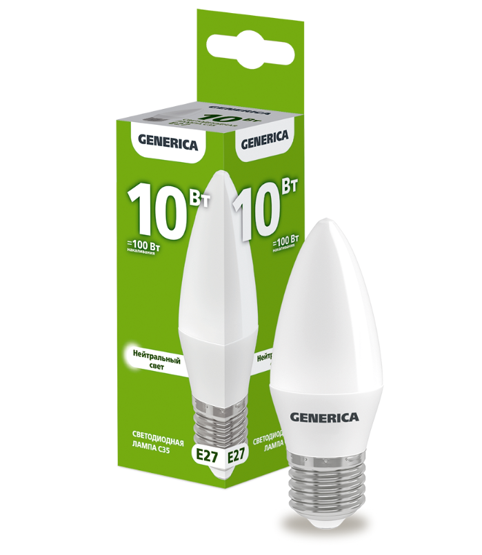 Лампа светодиодная C35 свеча 10Вт 230В 4000К E27 GENERICA