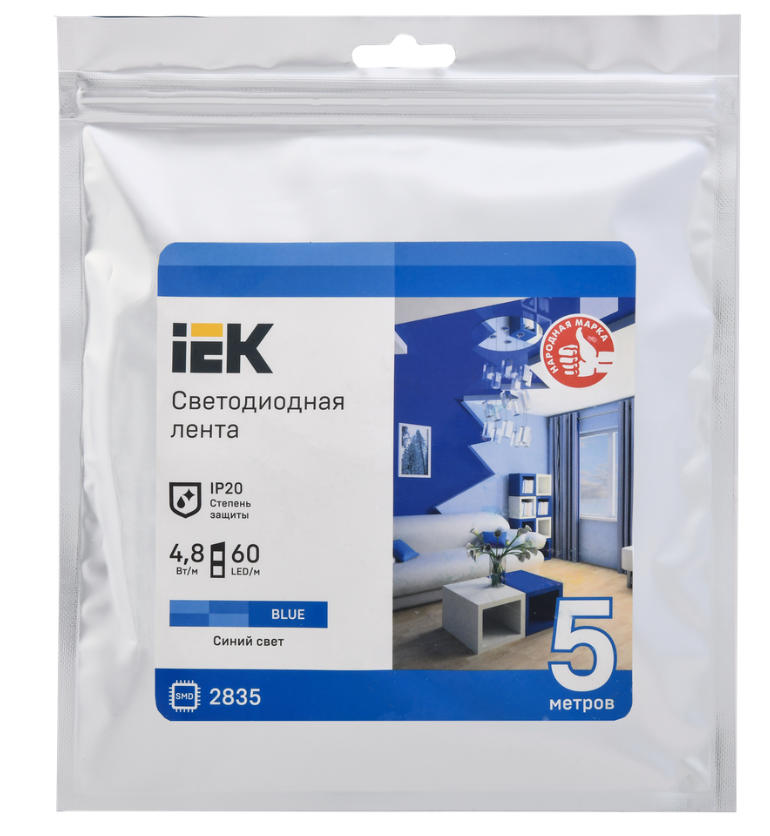 Лента светодиодная 5м LSR-2835B60-4,8-IP20-12В синий/голубой IEK