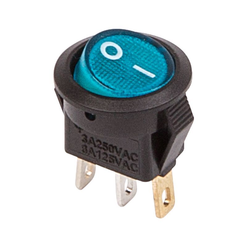 Выключатель клавишный круглый 220В 6А (3с) ON-OFF синий с подсветкой Micro (RWB-106,SC-214)