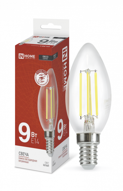 Лампа светодиодная LED-СВЕЧА-deco 9Вт 230В Е14 4000К 1040Лм прозрачная IN HOME