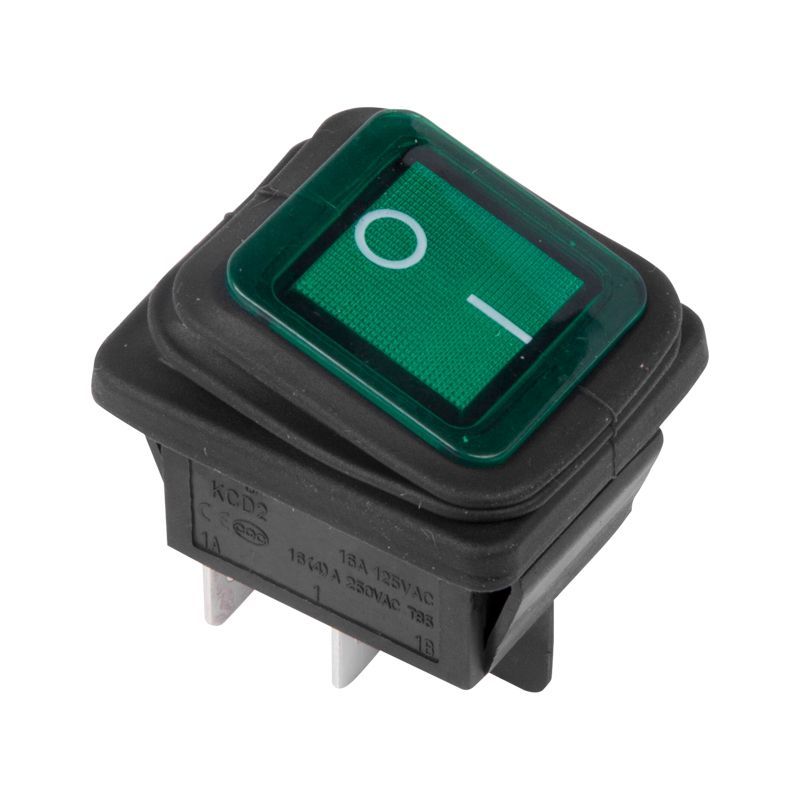 Выключатель клавишный 250 V 15А (4с) ON-OFF зеленый с подсвет.