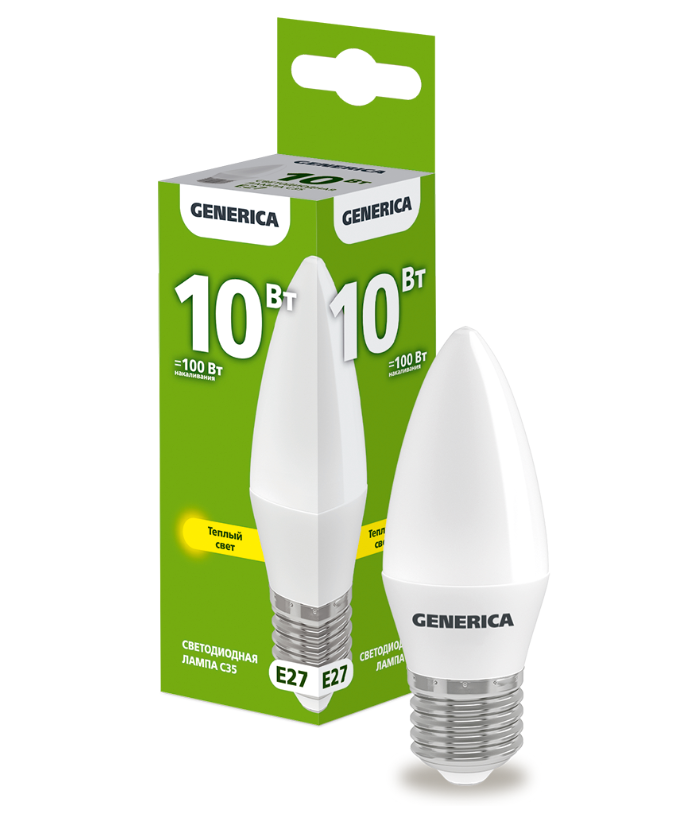 Лампа светодиодная C35 свеча 10Вт 230В 3000К E27 GENERICA