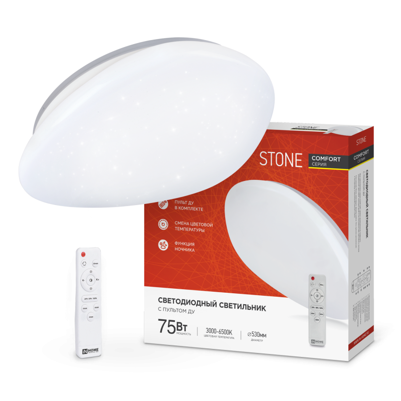 Светильник светодиодный COMFORT STONE 75Вт 230В 3000-6500K 6000Лм 530x105мм с пультом ДУ IN HOME