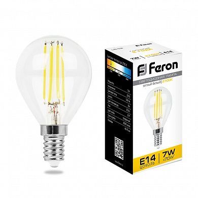Лампа светодиодная Feron 7Вт Е14 2700K  LB-52 Шарик прозрачная