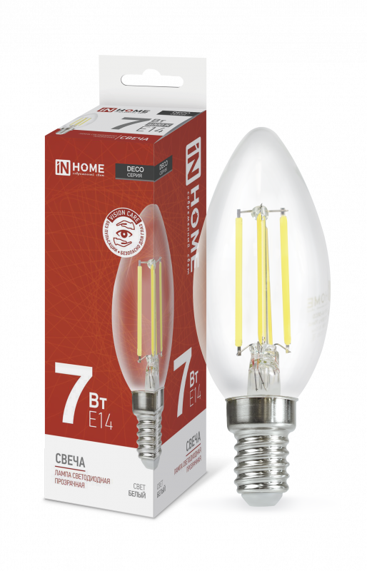 Лампа светодиодная LED-СВЕЧА-deco 7Вт 230В Е14 4000К 630Лм прозрачная IN HOME