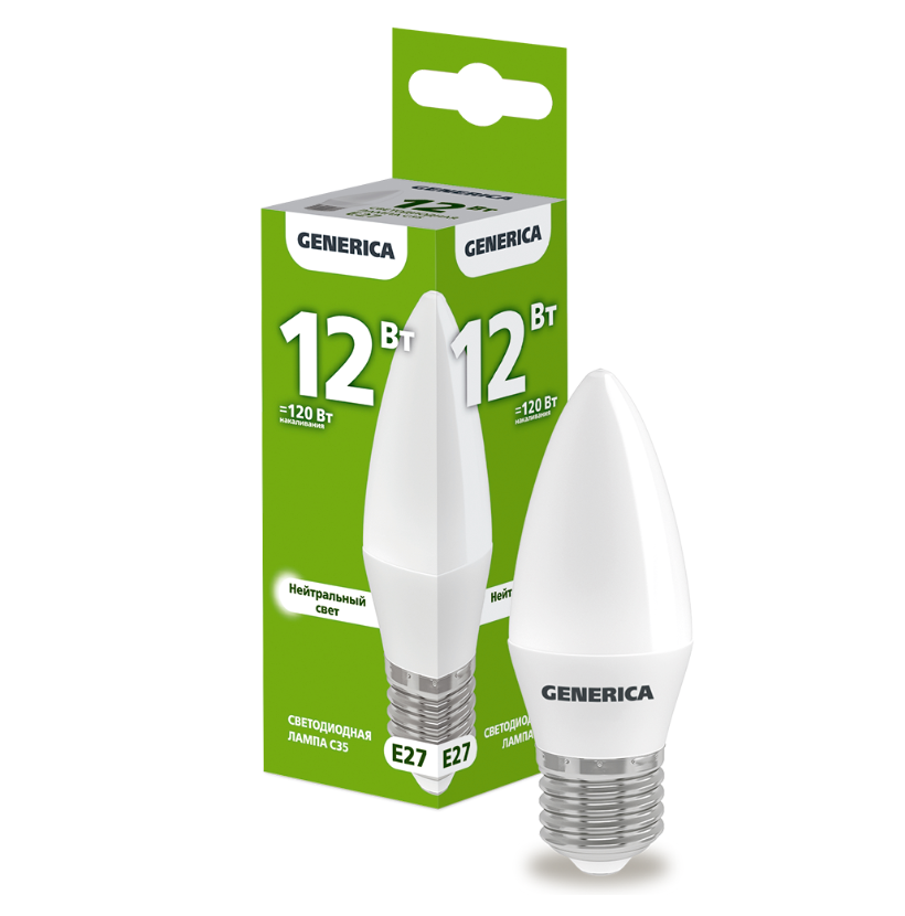 Лампа светодиодная C35 свеча 12Вт 230В 4000К E27 GENERICA