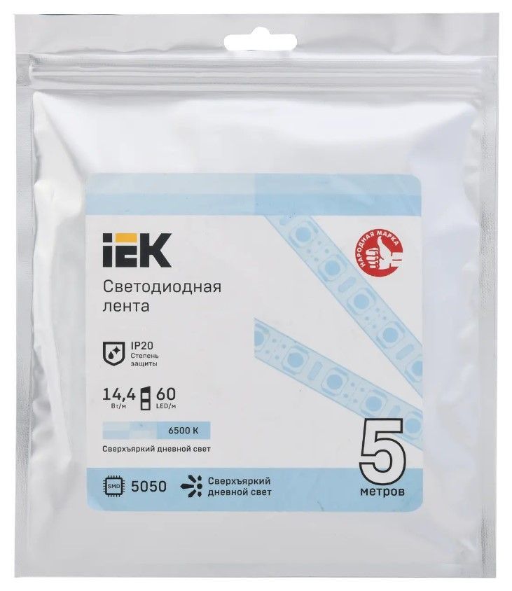 Лента светодиодная 5м LSR-5050W60-14,4-IP20-12В 14,4Вт 6500K IEK