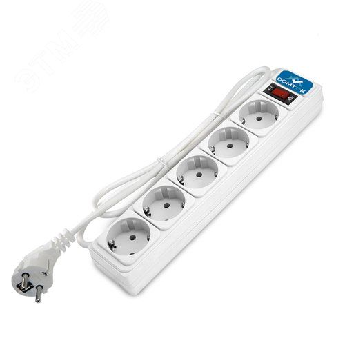 Фильтр-удлинитель "DOMTOK" 5 гнезд, ПВС 3*1 10А/2,2кВт, выключатель с индикацией, с/з, белый 5м