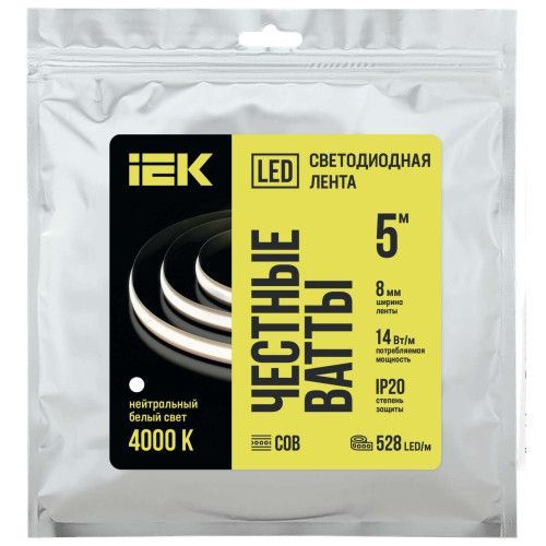 Лента светодиодная 5м COB 528LED/м freecut свободная резка 14Вт/м IP20 шир.8мм 24В нейтр.белый IEK 