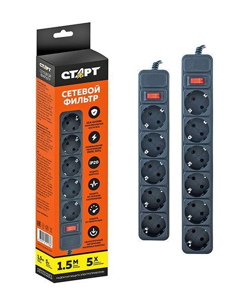 Сетевой фильтр SP. 5 мест x 3 м  ZVT черный  СТАРТ