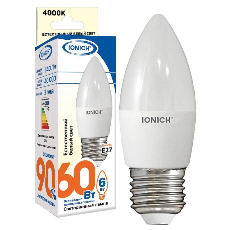 Лампа светодиодная ILED-SMD2835-C37- 6-540-230-4-Е27 IONICH