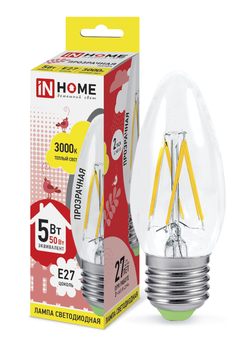 Лампа светодиодная - IN HOME 5Вт 160-260В Е27 3000К 450Лм LED-СВЕЧА deco 