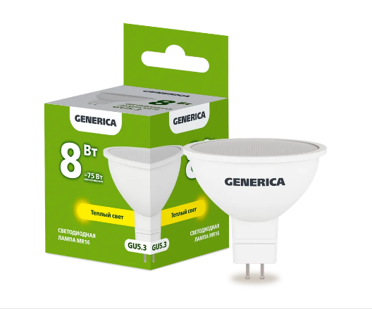 Лампа светодиодная MR16 софит 8Вт 230В 3000К GU5.3 GENERICA