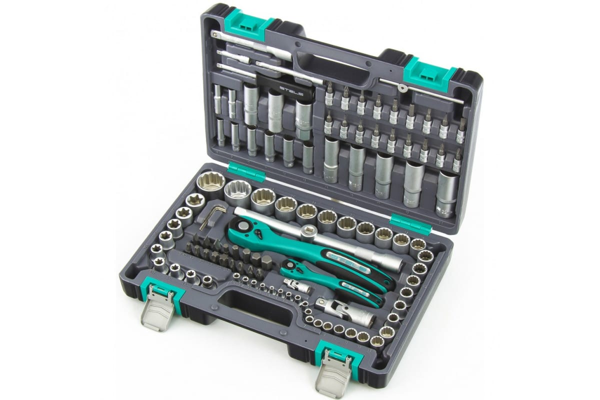 Набор инструментов 1/2", 1/4", CrV, 12 гранные головки, пластиковый кейс, 109 предмета// Stels
