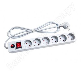 Сетевой фильтр ПВС 3*0,75 6гн. выкл. с индикацией, с/з, з/ш, 3м, белый "UNIVersal"