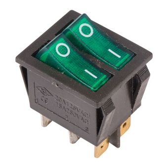 Выключатель клавишный 250V 15A (6c) ON-OFF зеленый с подсветкой двойной RWB-511 REXANT