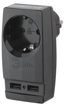 Адаптер ЭРА SP-1e-USB-B 1гн 200В + 2хUSB 2100мА с/з черный