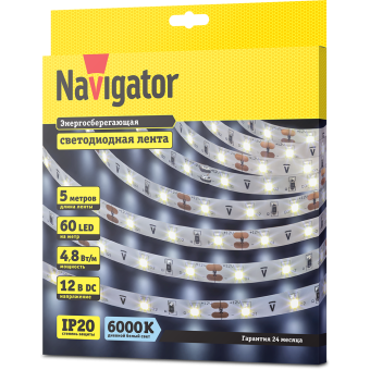 Лента светодиодная 71 762 Navigator 4.8Вт 12В 5м. IP20 (белый)