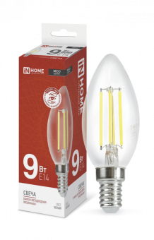 Лампа светодиодная LED-СВЕЧА-deco 9Вт 230В Е14 4000К 1040Лм прозрачная IN HOME