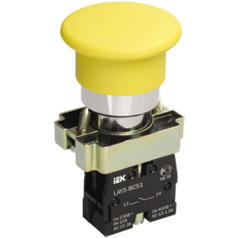 Кнопка AЕLА-22 Грибок желтый d22мм неон 240В 1з+1р ИЭК