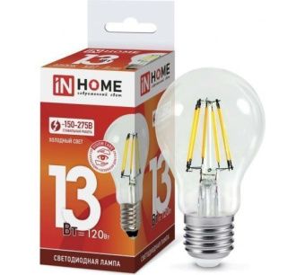 Лампа светодиодная LED-A60-deco 13Вт 230В Е27 6500К 1370Лм прозрачная IN HOME