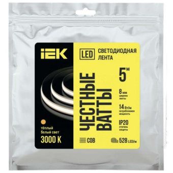 Лента светодиодная 5м COB 528LED/м freecut свободная резка 14Вт/м IP20 шир.8мм 24В теплый белый IEK