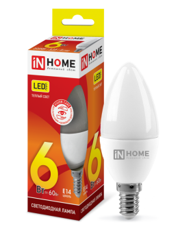 Лампа светодиодная LED-СВЕЧА-VC 6Вт 230В Е14 3000К 540Лм IN HOME