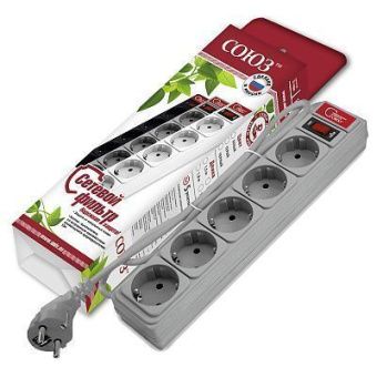 Сетевой фильтр "СОЮЗ" ПВС 3*0,75 5гн., выключатель с индикацией, с/з, белый 1,5м