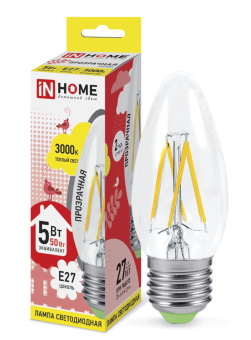 Лампа светодиодная - IN HOME 5Вт 160-260В Е27 3000К 450Лм LED-СВЕЧА deco